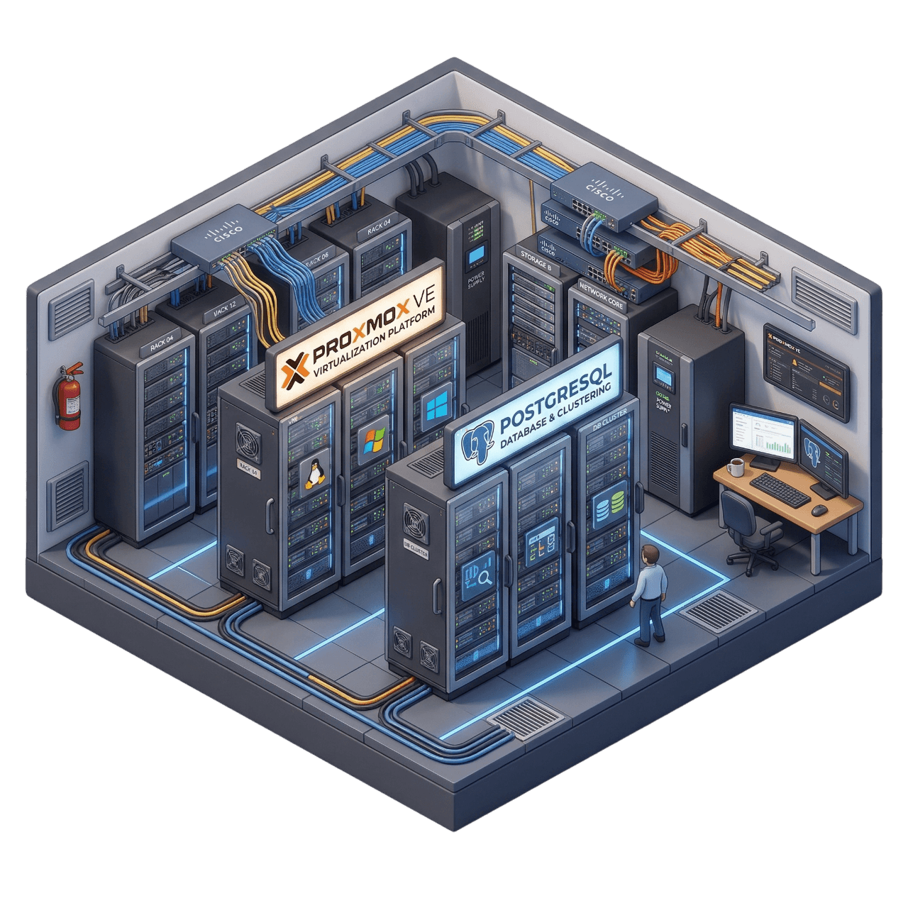 Isometric cover that shows a 3d datacenter with pigsty and proxmox.